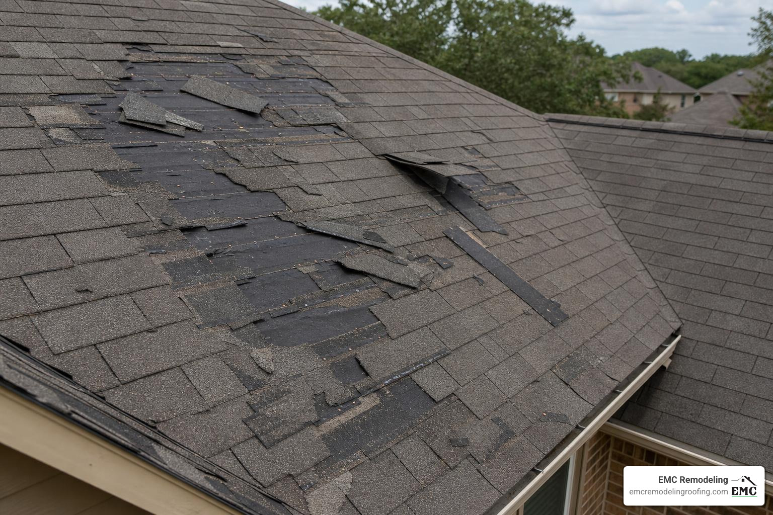 storm damaged roof with wind uplift and missing shingles