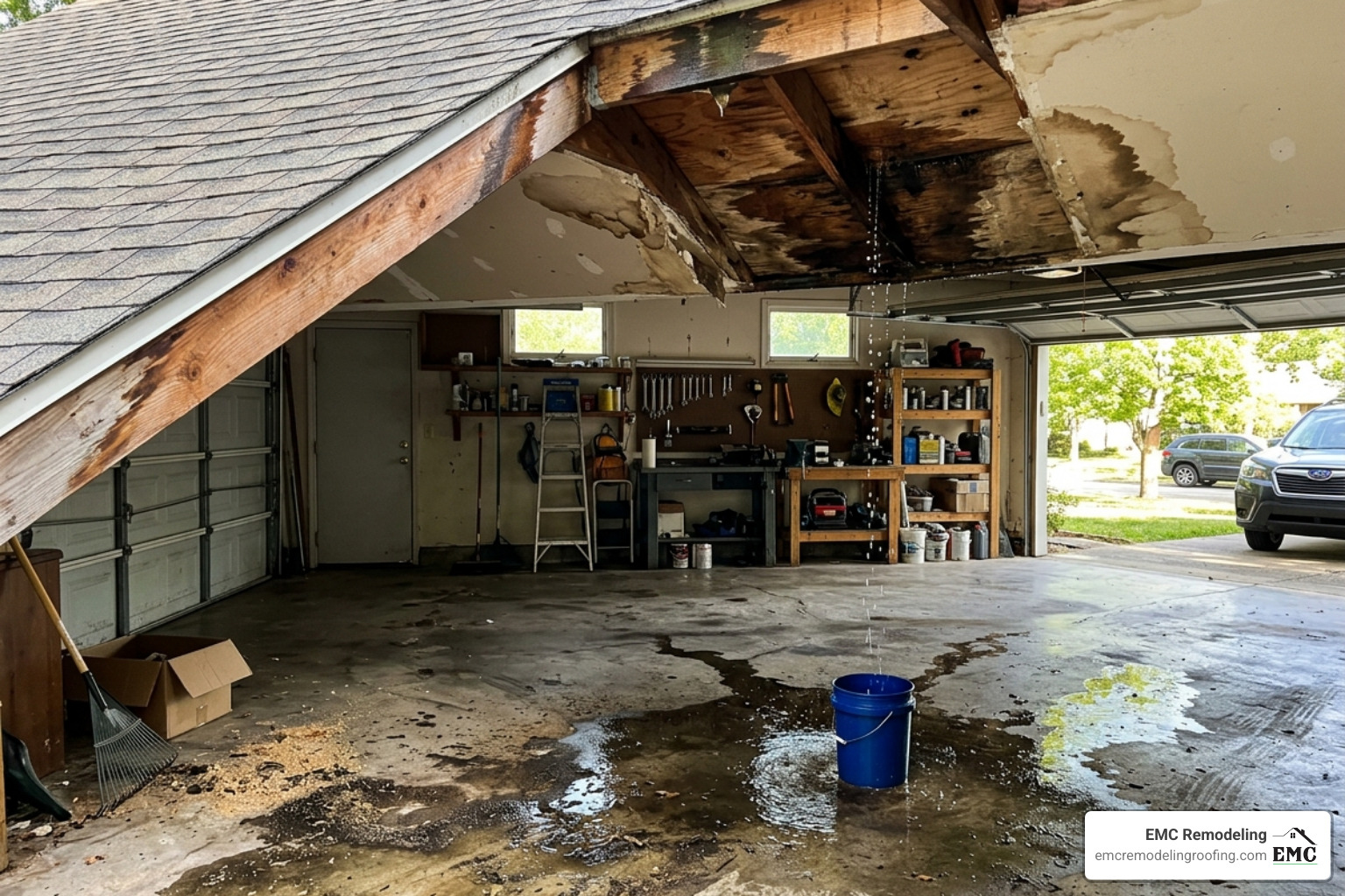 leaking garage roof with visible water damage - garage repair roof